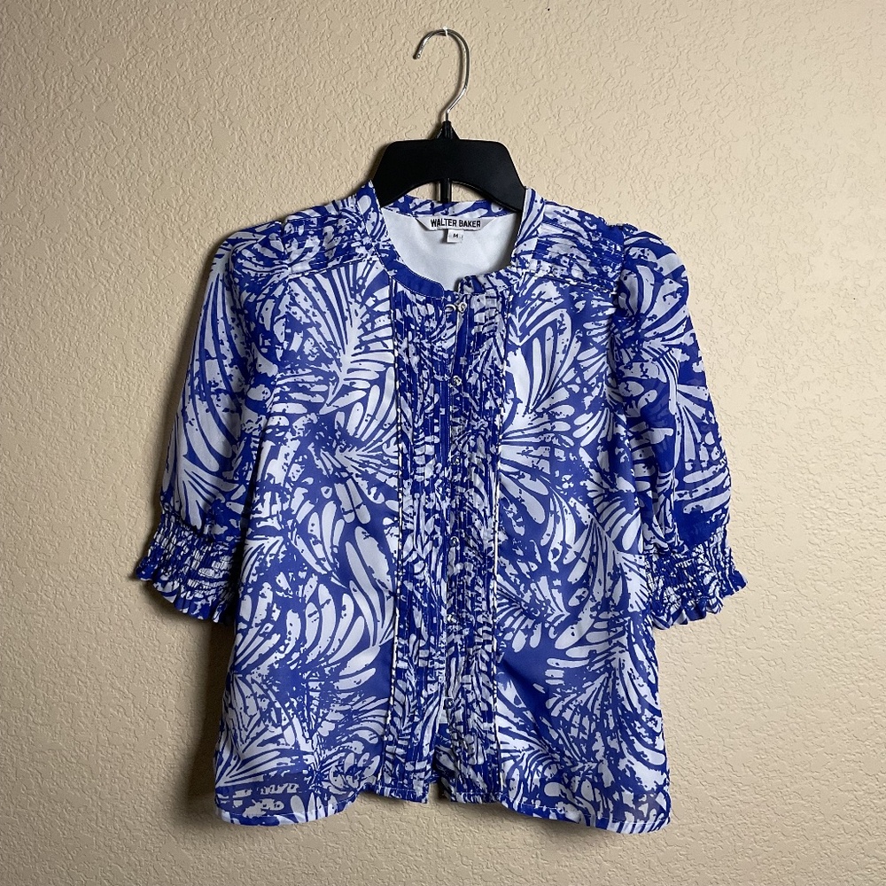 Walter Baker Womens Medium Blue & White Button Up Madison Print Boxy Blouse